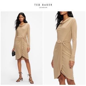 Ted Baker London dress size 16 oatmeal/tan jersey drape long sleeve